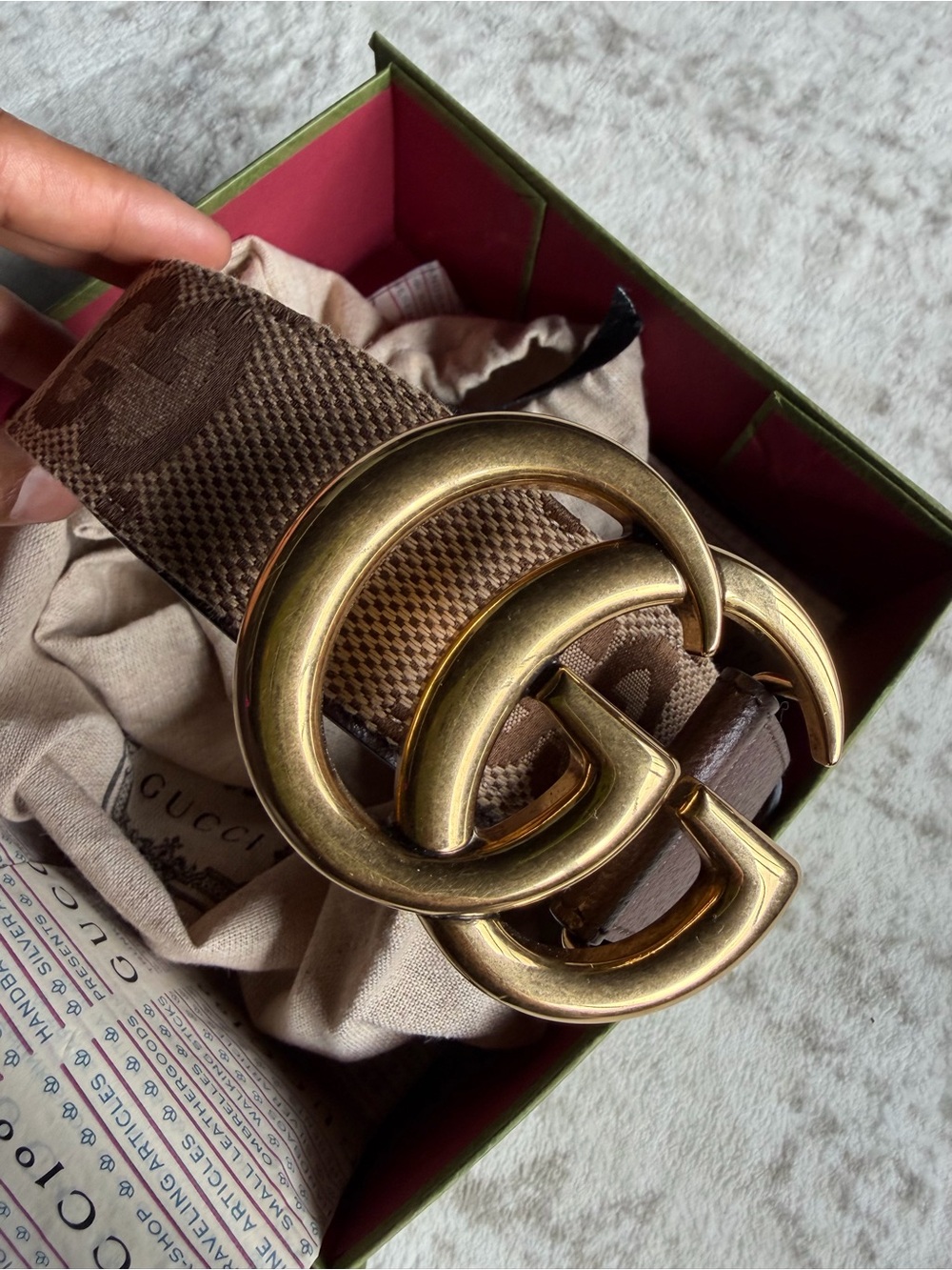 Gucci Brown Monogram Canvas Belt with Gold Double-G Buckle